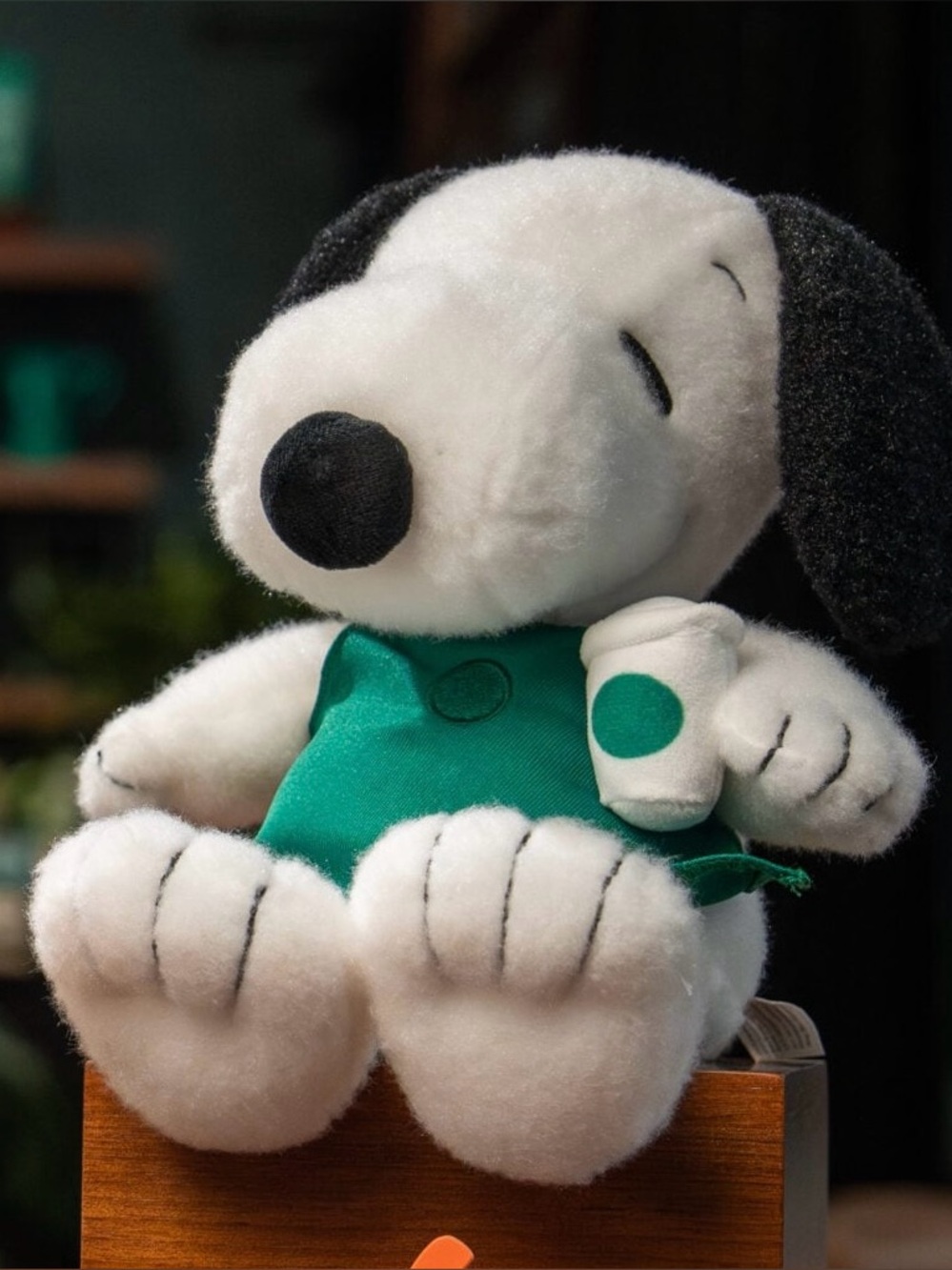 Plush White & Black Dog Toy with Green Outfit